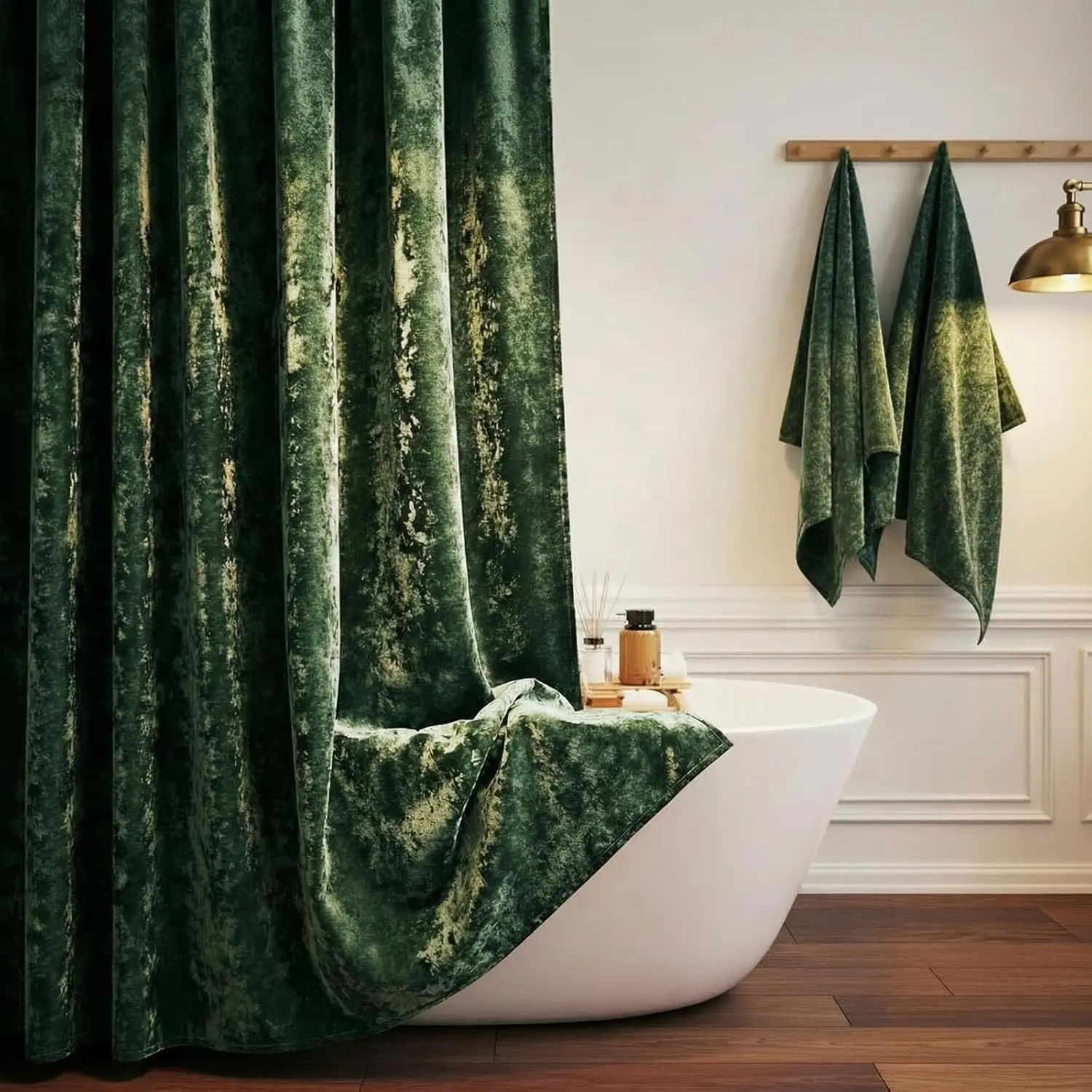 Crushed Velvet Shower Curtain, Dark Green Luxury Shower Curtain with Gold Decro Metal Hooks, Machine Washable Thick Fabric Bathroom Curtain, 72x72