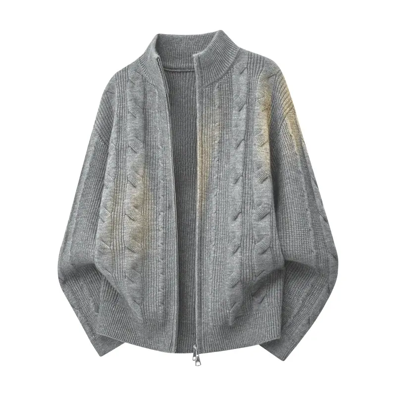 stand collar zip-up cable knit cardigan, vertical twisted cable rib texture, dual zipper closure, ribbed cuffs and hem, relaxed oversized cropped fit, thick soft warm knit outer jacket for autumn and winter layered outfits, Long Sleeve, Casual