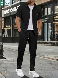 Men's Two-Piece Set, Christmas Gift, Friday, Spring Summer Fall Clothing, Casual Knit Blazer Suit, High Waist Pants, Elastic Fit