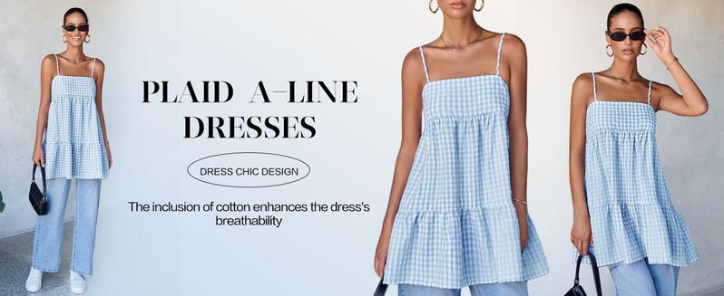 Imily Bela  Womens Cute Plaid A-line Summer Beach Dresses Spaghetti Straps Ruffle Hem Casual Mini Dress with Side Pocket