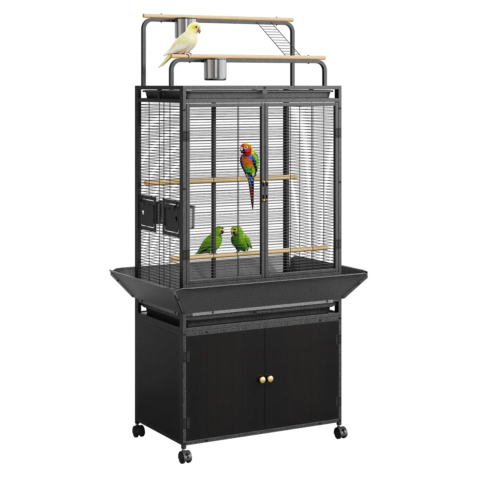 Spacious Rolling Bird Cage with Play Top & Storage Cabinet – Sturdy Metal Flight Cage for Parrot, Macaw, Cockatiel, Budgie – Includes Stand & Wheels – Indoor/Outdoor Use