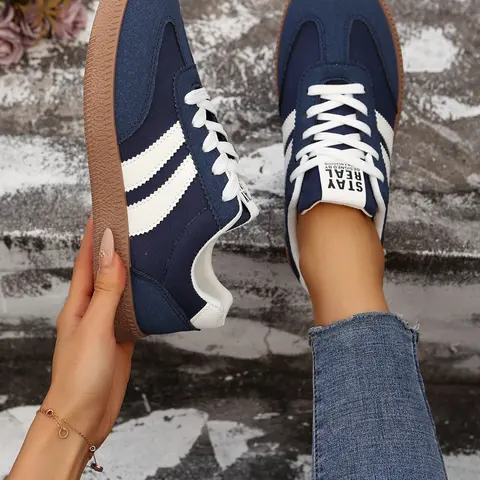 Women's Patchwork PU Leather Low-Top Casual Sneakers, Lace-Up Shoes with Rubber Sole for Daily Wear, Walking Shoes