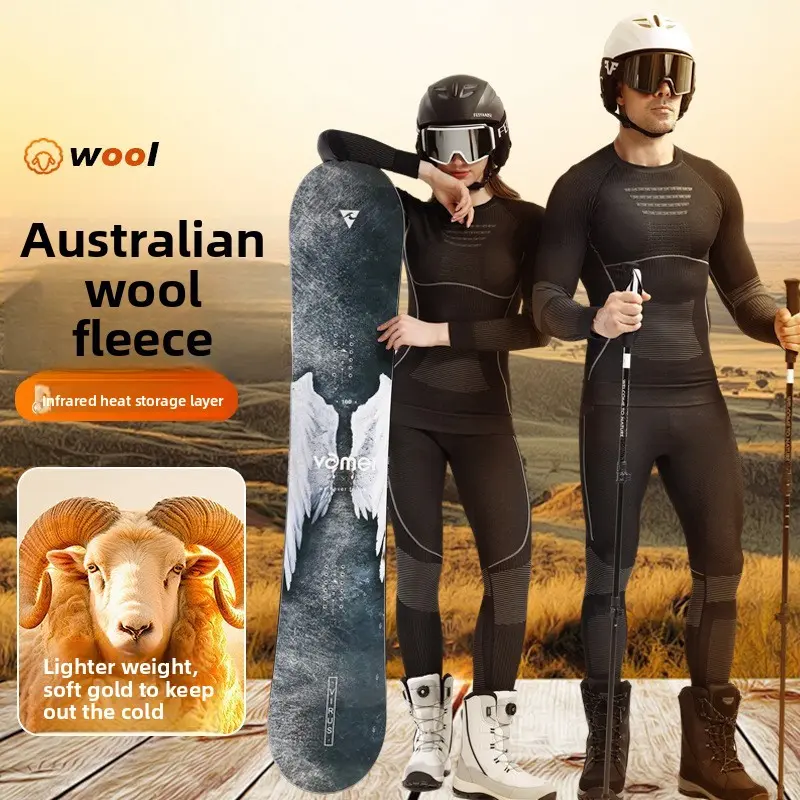 Outdoor autumn winter merino wool ski suit quick dry clothing set for couples breathable sweat wicking ski thermal underwear warm base layer for skiing hiking camping outdoor sports