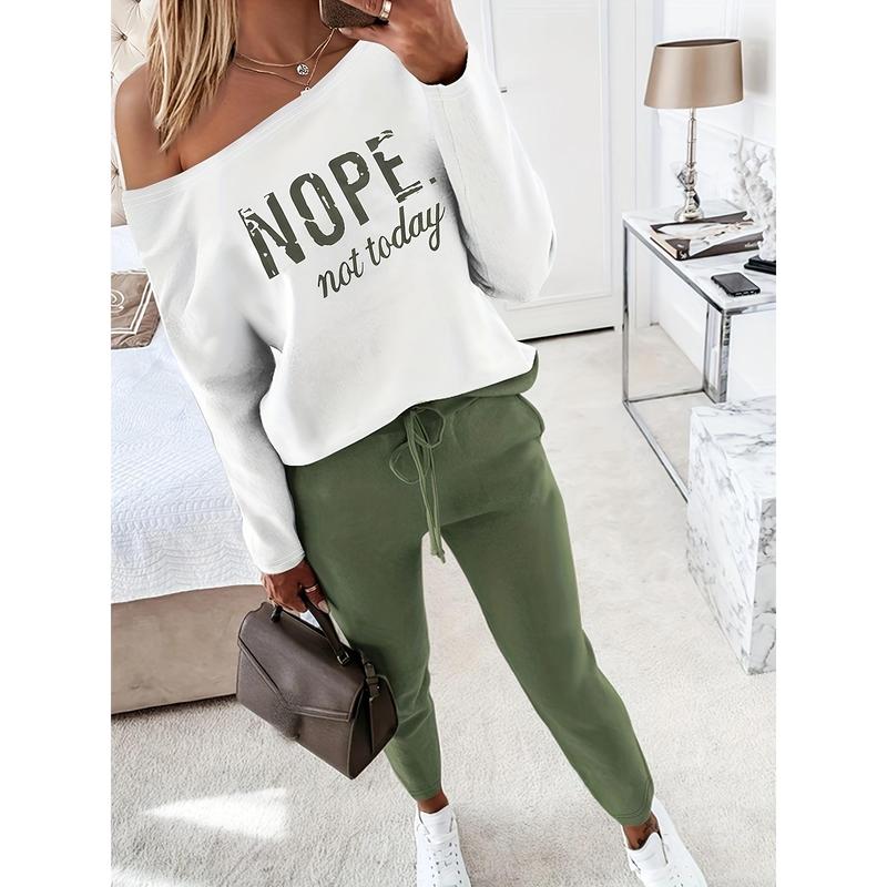 2 Piece Outfit Nope Not Today Print Skew Neck Long Sleeve Pullover Top with Stretchy Waist Long Pants Jogger Set