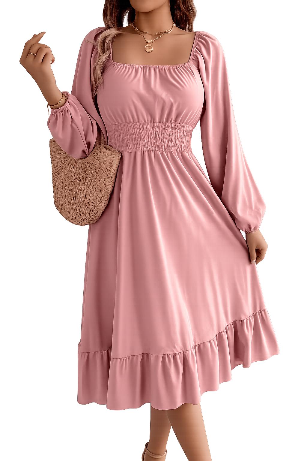 2026 Spring and Summer Leisure Solid Color Square Collar Long Sleeve Waist-Cinched A-Line Skirt