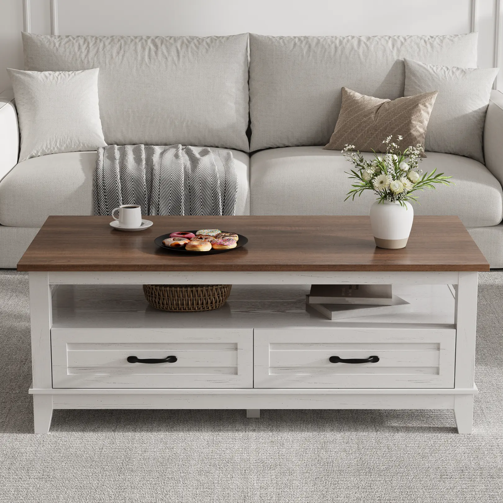 Garvee Farmhouse Coffee Table for Living Room - Rustic Antique Walnut Finish - Large Rectangle Center Table - 2 Storage Drawers with Open Shelf - 6 Sturdy Support Legs - Easy Assembly - Versatile Use