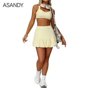 ASANDY 2 Piece Tennis Set for Women Sports Bra with Built in Pads and Pleated Skirt with Pockets Gym Matching Activewear Outfits