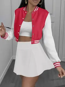 Two-Piece Set, Oversized Baseball Jacket & High-Waisted Pleated Skirt, Casual Loose Fit, Spring & Fall, Party, Lazy Style, Chic
