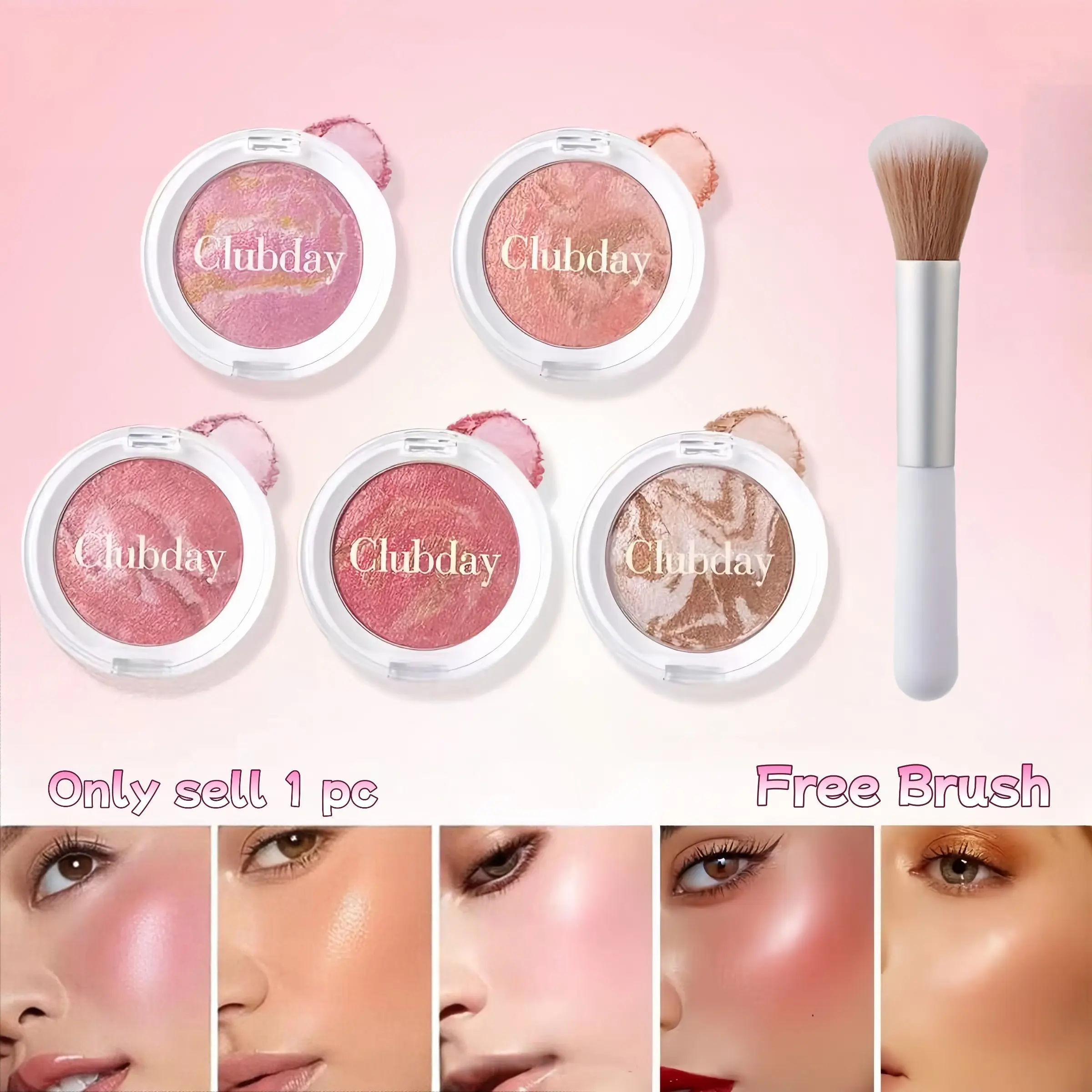 (Free Brush) Marbled Swirl Shimmer Blush Powder, Silky Smooth Blendable Formula, High Pigment Waterproof, Long Lasting Glowy Cheek Blush, Natural Radiant Flush