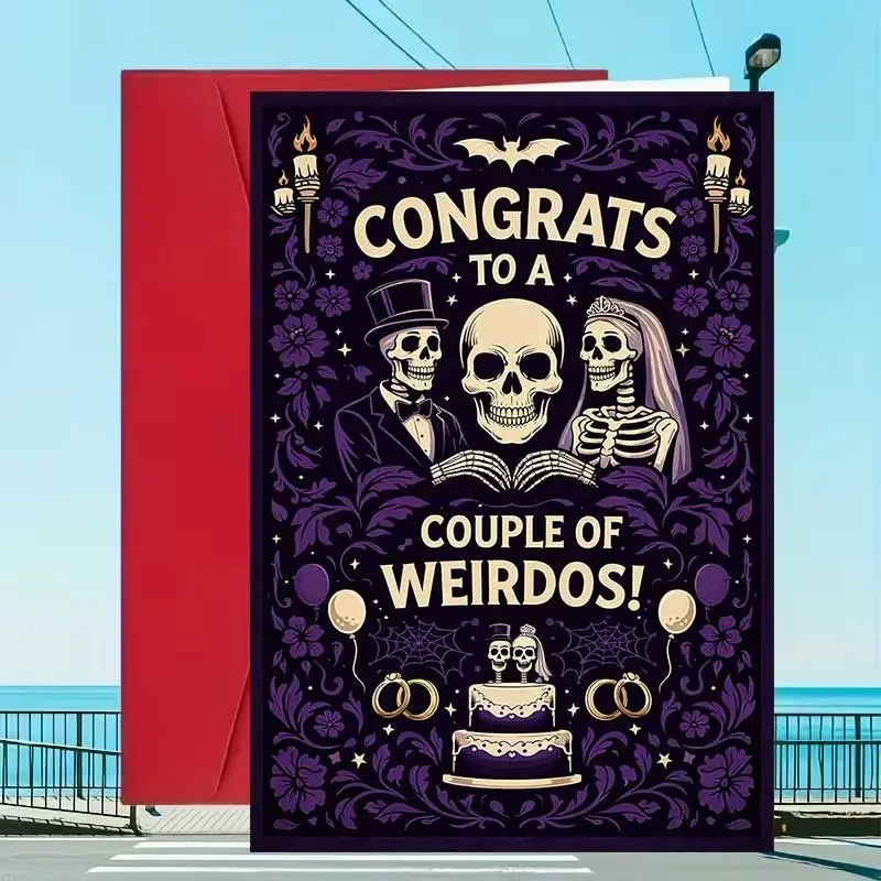 Stylish Halloween Greeting Card, Spooky Skeleton Couple, Gothic Flowers, Congrats to a Couple of Weirdos, Perfect for Couples