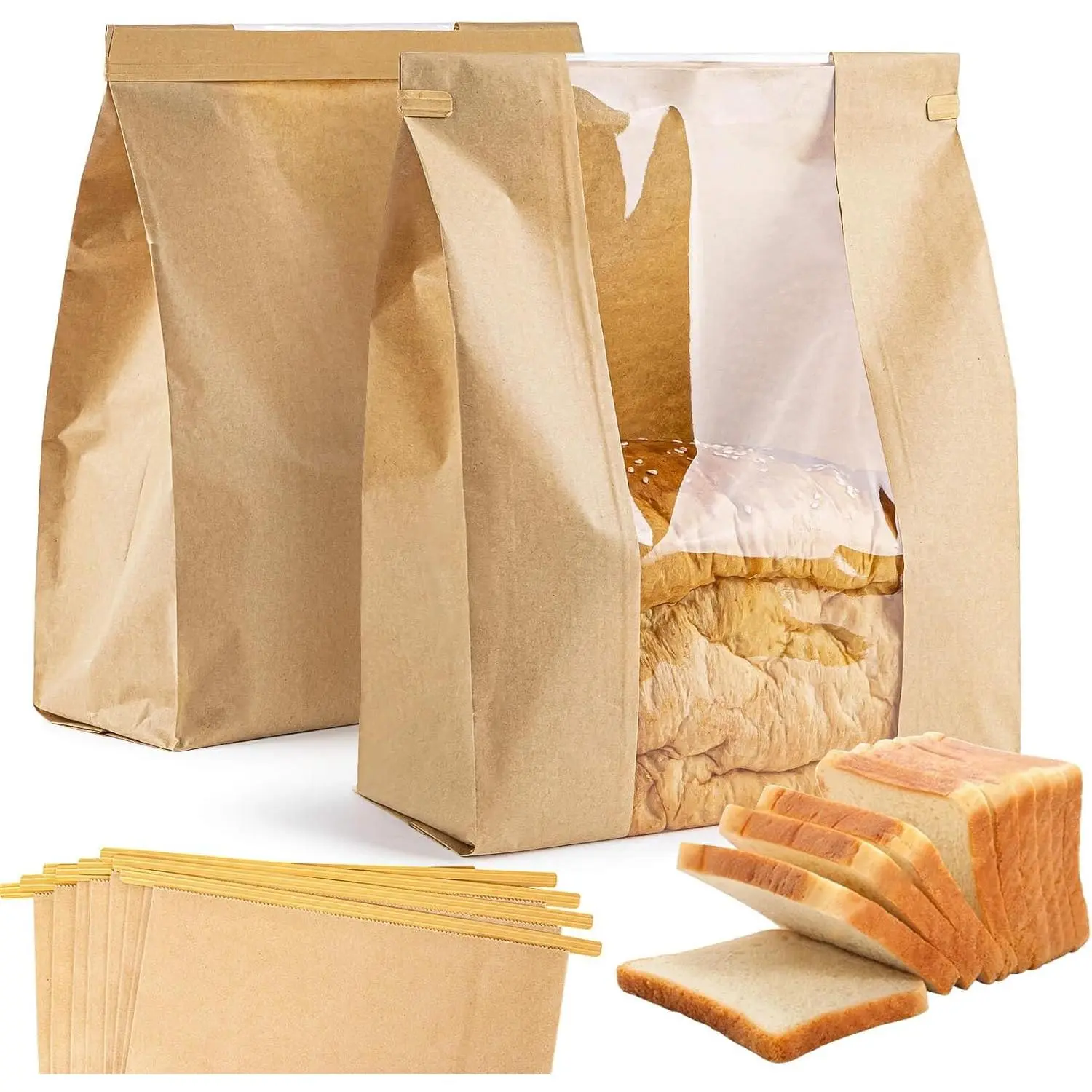 50 Bread Bags with  Ties - Homemade Sourdough Bread Storage Bags Brown Paper Bagel Loaf Bakery Bags with Window Toast Bags with Resealable Ties Disposable Baked Goods  Packaging