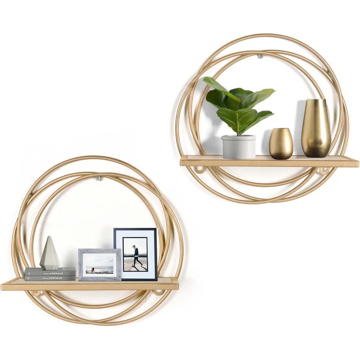 Oakrain Small Floating Shelves Set of 2, 11" Gold Wall Mounted Hanging Shelf with Metal Frame Wood Round Wall Shelves for Storage, Living Room Decor, Bathroom, Kitchen, Bedroom, Office