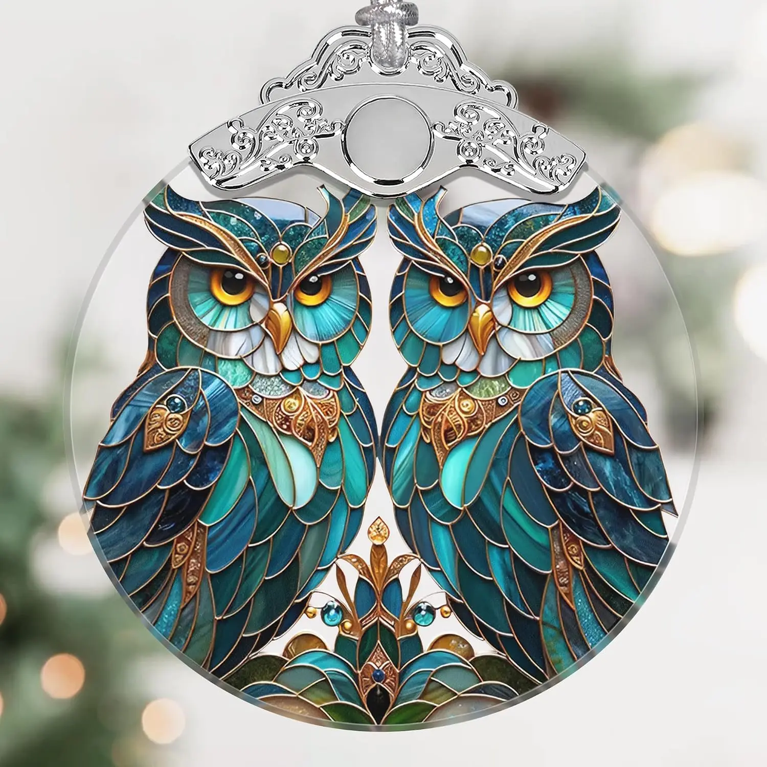 Stained Glass Owl Christmas Ornament - Two Owls, Holiday Decoration for Tree,  Idea