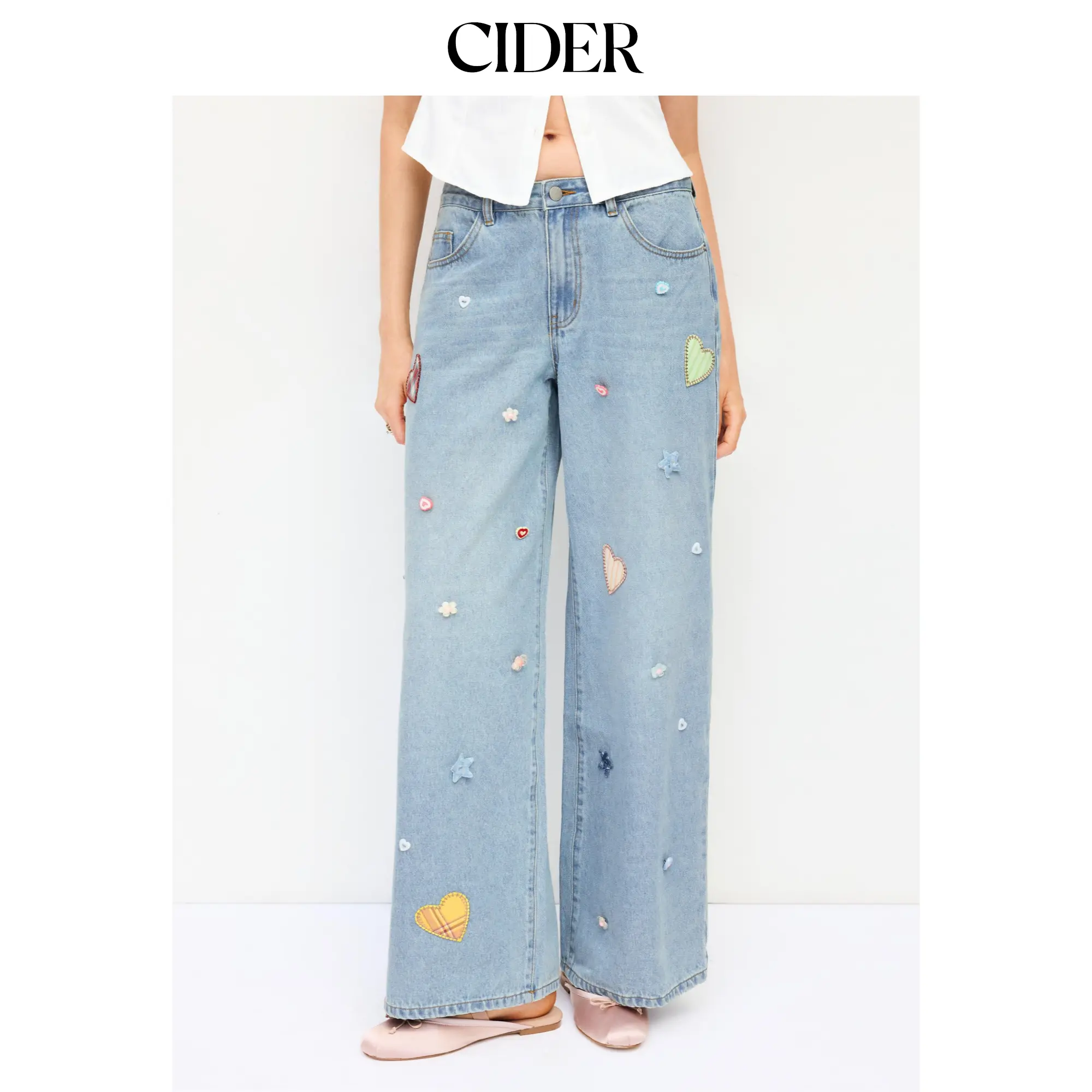 Cider Denim Low Rise Heart & Star Graphic Applique Wide Leg Jeans