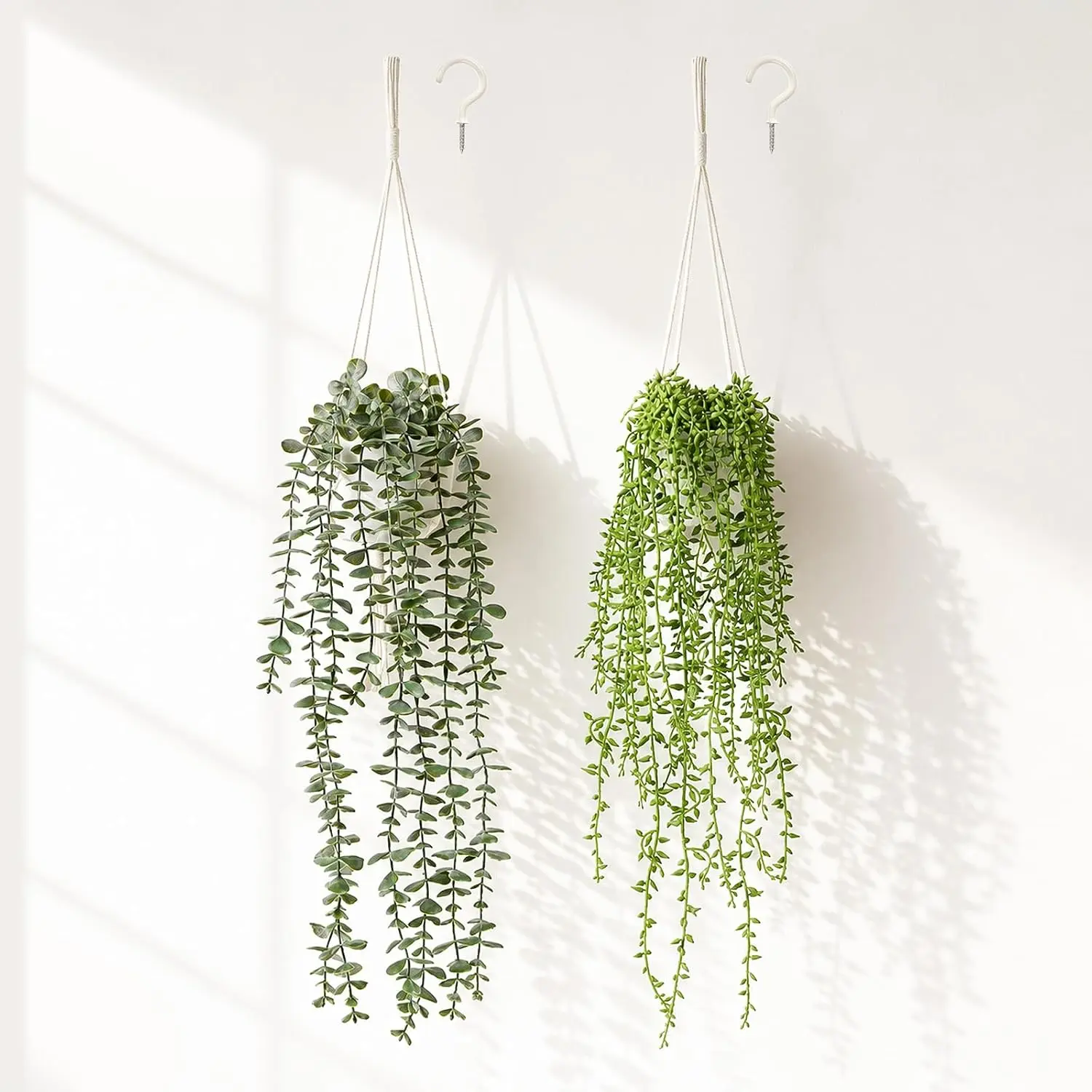 2 count Artificial   Macrame Hanger Pots Indoor Wall  Decor | Faux Trailing Greenery,  Eucalyptus & String of Tears for Boho Living Room Bedroom Bathroom Kitchen Office Shelf Desk Art