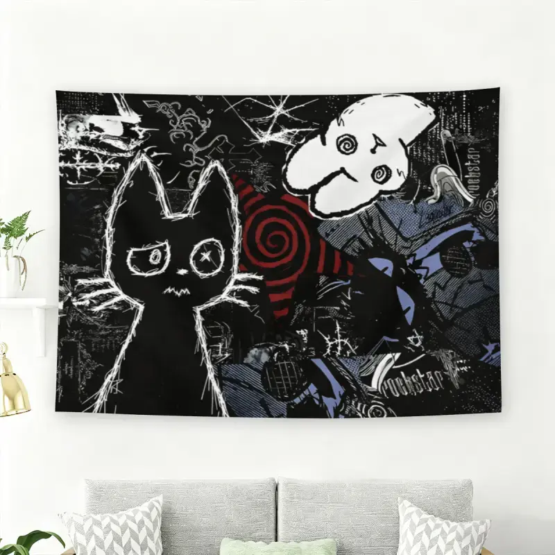 Grunge Black Cat Collage Tapestry, Alternative Art Print Wall Hanging, Mid-Century Modern Black Flash Manga Style, Emo Aesthetic Dark Vibe Decor for Adult Fans, Living Room Bedroom Dorm Studio, 60in x 40in Peach Skin Fabric