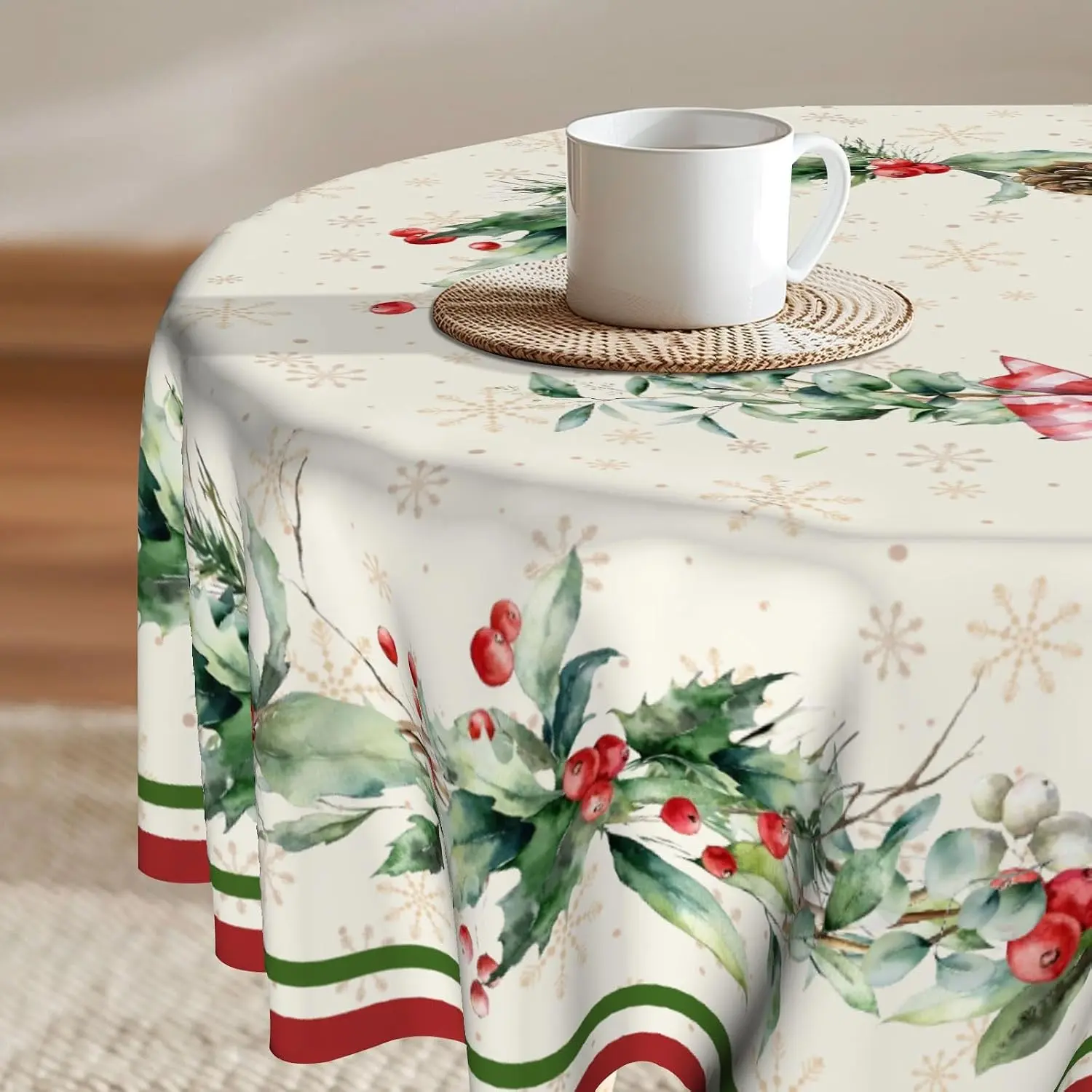 2D Flat Party Tablecloth 1pc, Christmas Holly Round Tablecloth, Winter Snowflake Tablecloth, Bird Decor, Kitchen Picnic Party