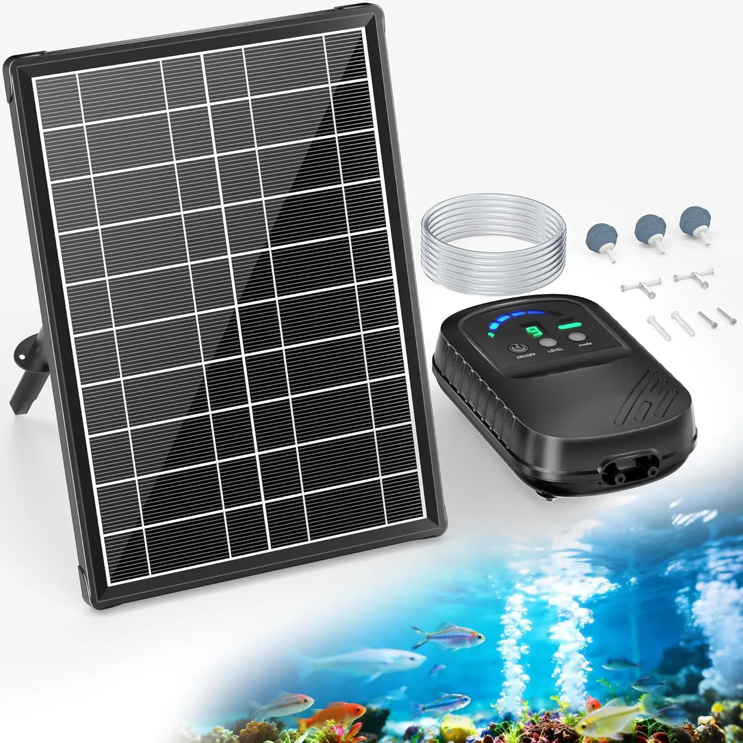 8W Solar Pond Aerator with Digital Display, Solar Air Pump 7/24H Oxygen Supply with Battery, 9 Adjustable Mode Oxygen Pump for Fish Pond, Koi Pond, Aquarium & Fishing Tank