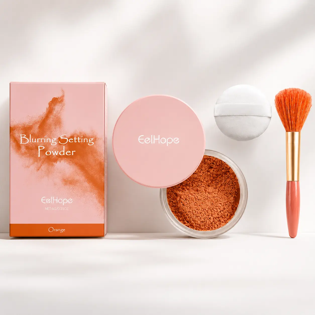Orange Setting Powder with Brush, Matte Oil-Control Translucent Loose Powder, Lightweight Breathable Blurring Long-Lasting Face Cosmetics