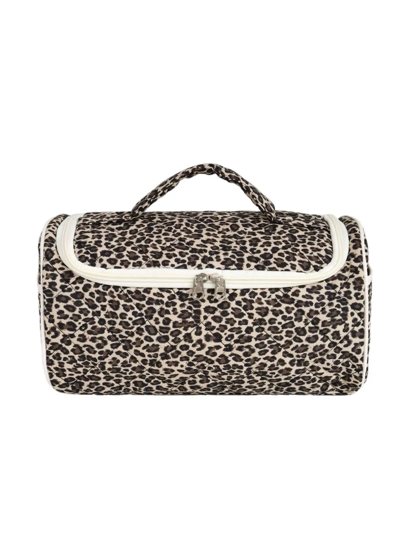 Leopard Print Diamond Quilted Makeup Train Case with Matching Top Carry Handle, Double Metal Zipper Large Capacity Cosmetic Organizer Bag, Soft Sturdy Fabric Portable Travel Toiletry Storage Case for Makeup Brushes Skincare Bottles Daily Sundries