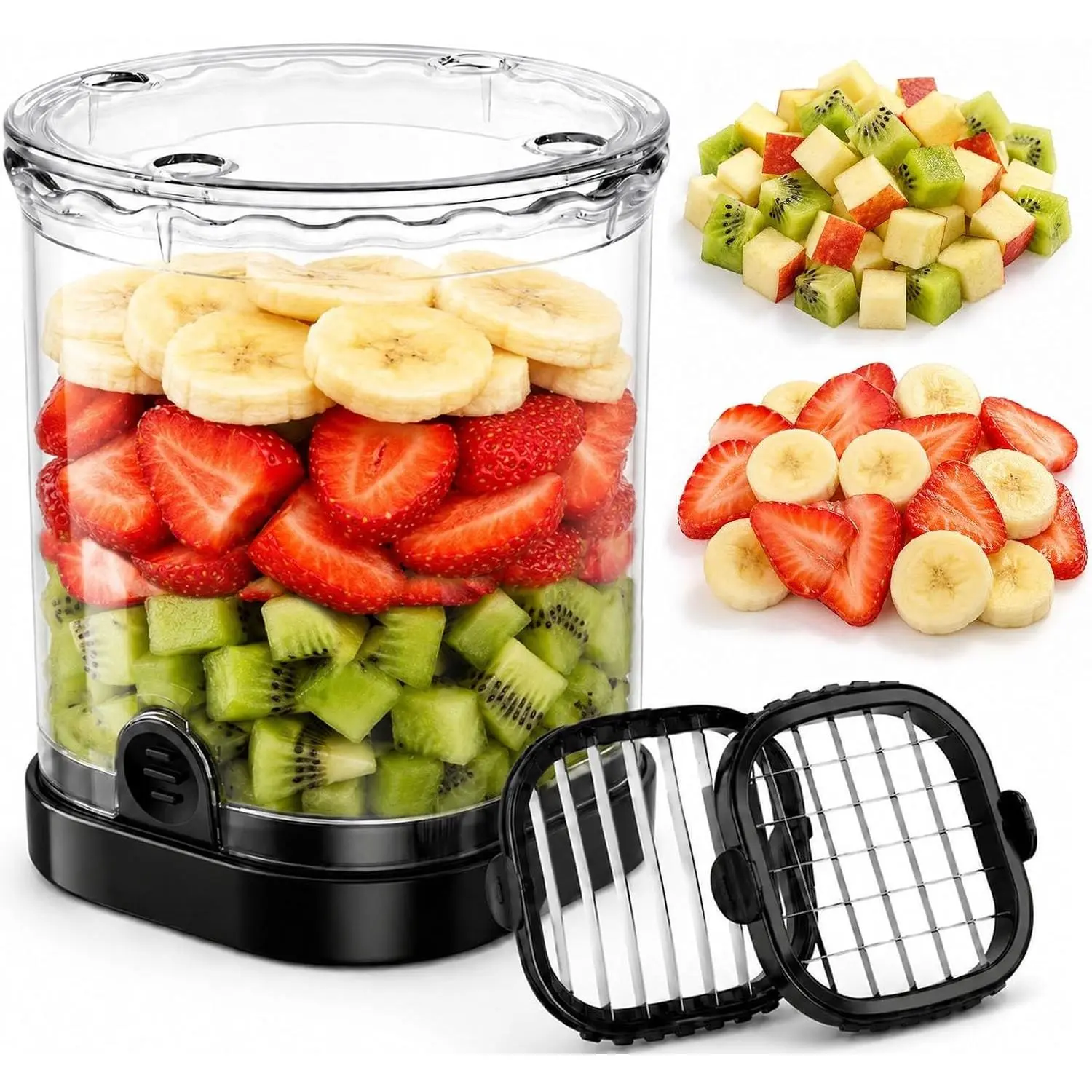 2-in-1 Cylindrical Cup Fruit Slicer, Stainless Steel Blade Strawberry Dicer with Lid & Push Plate, Lightweight Detachable Home Kitchen Portable Vegetable Salad Cutter for Banana Grape Egg