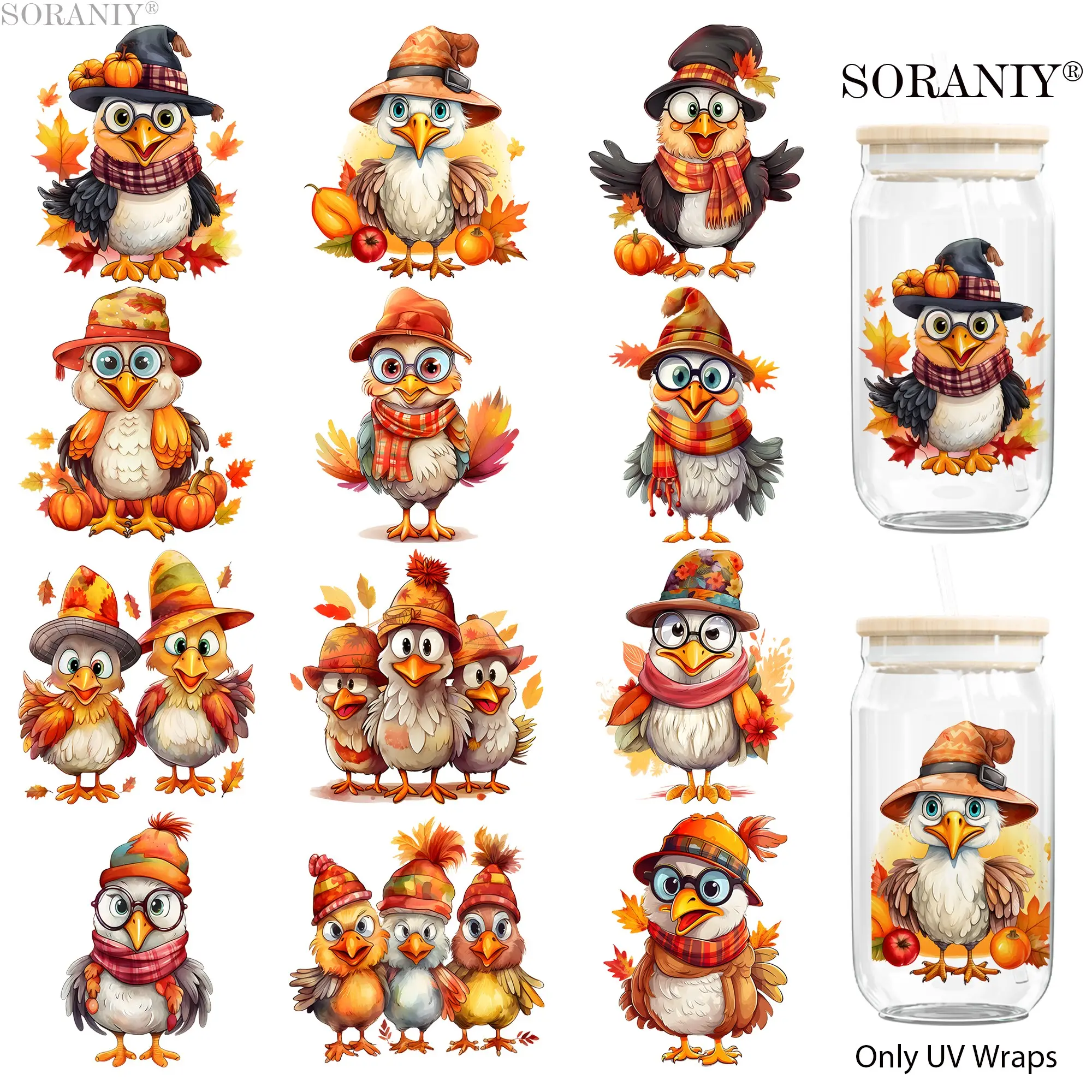 UV DTF Water Cup Transfer Stickers, 12 Thanksgiving Turkey Theme Waterproof 16oz Glass Mug DIY Stickers, High Adhesive Easy Use