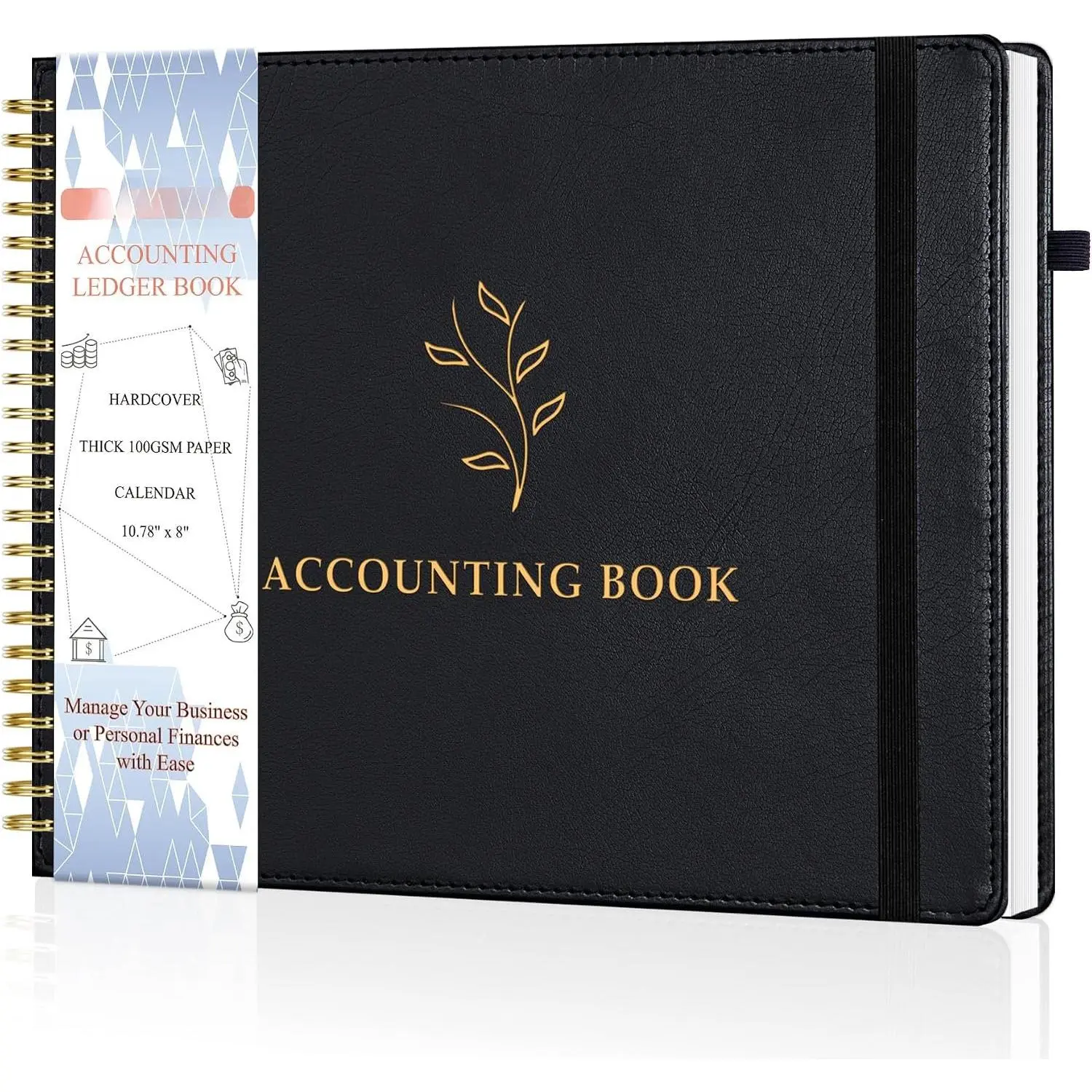 Accounting  Book for Personal & Small Business Bookkeeping, Horizontal Income and Expense  Notebook with Calendar, Hardcover Columnar Log Journal 10.78'' x 8'', Black