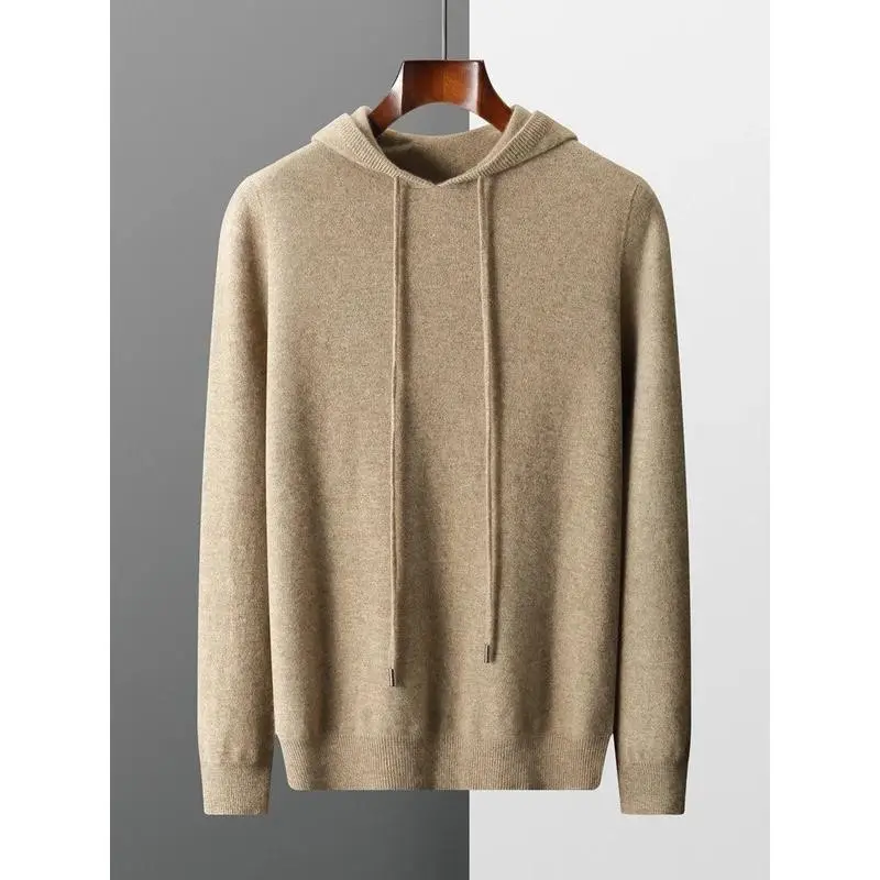 New Autumn Winter Men's Cashmere Hoodie Sweater 100% Merino Wool Hooded Pullover Large Size Knitwear Quality Soft Casual Jumpers Tops Sleeve