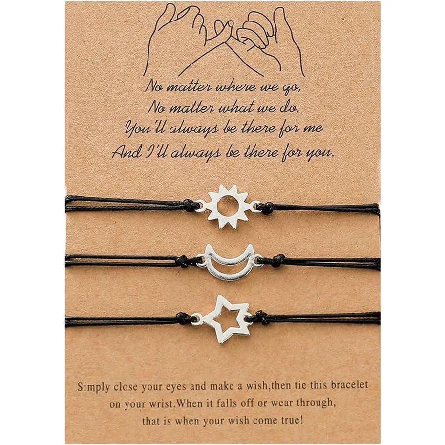 3 count Pinky Promise Love Heart Moon Sun    Bracelet Set  Adjustable Couple Matching Braide Cord String Bracelet for Women Men Relationship  -A sun