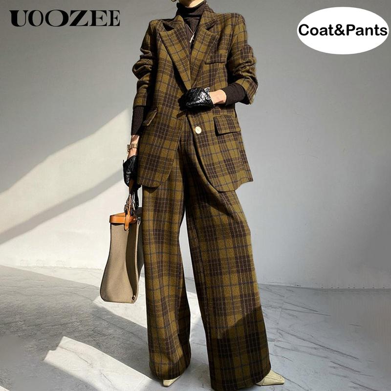 UOOZEE Women's Autumn Winter Retro Classic 2 Piece Blazer Suit, No Belt Pockets Blazer New Long Sleeves Loose Elegant Formal Business Outerwears Jackets & Plaid Pockets High Waisted Loose Full Length Trousers Pants