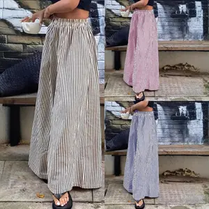 Plus-size women's long pants, new summer casual versatile elastic waist pocket striped trousers