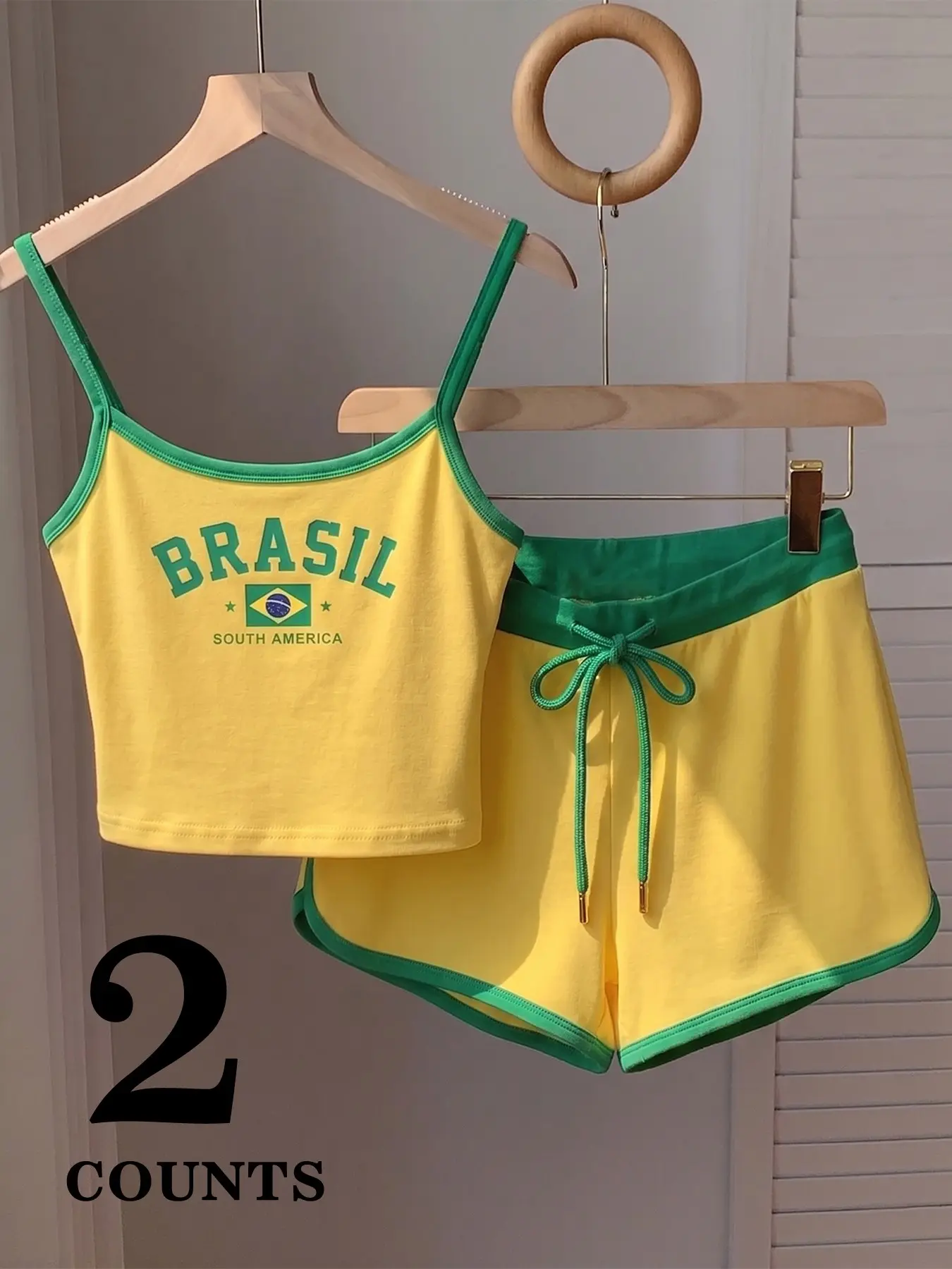 Women's Brazil Color Set, Lightweight Brazilian Flag Print Tank Top and Drawstring Shorts, Youth Student College Style, Fashionable and Trendy, Adjustable