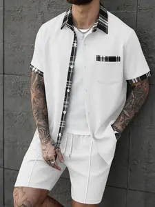 Men's Casual Plaid Knit Set Shirt, Solid Pattern Slim-Fitting Top & Shorts, Regular Length, Plain Surface, Lightweight Design