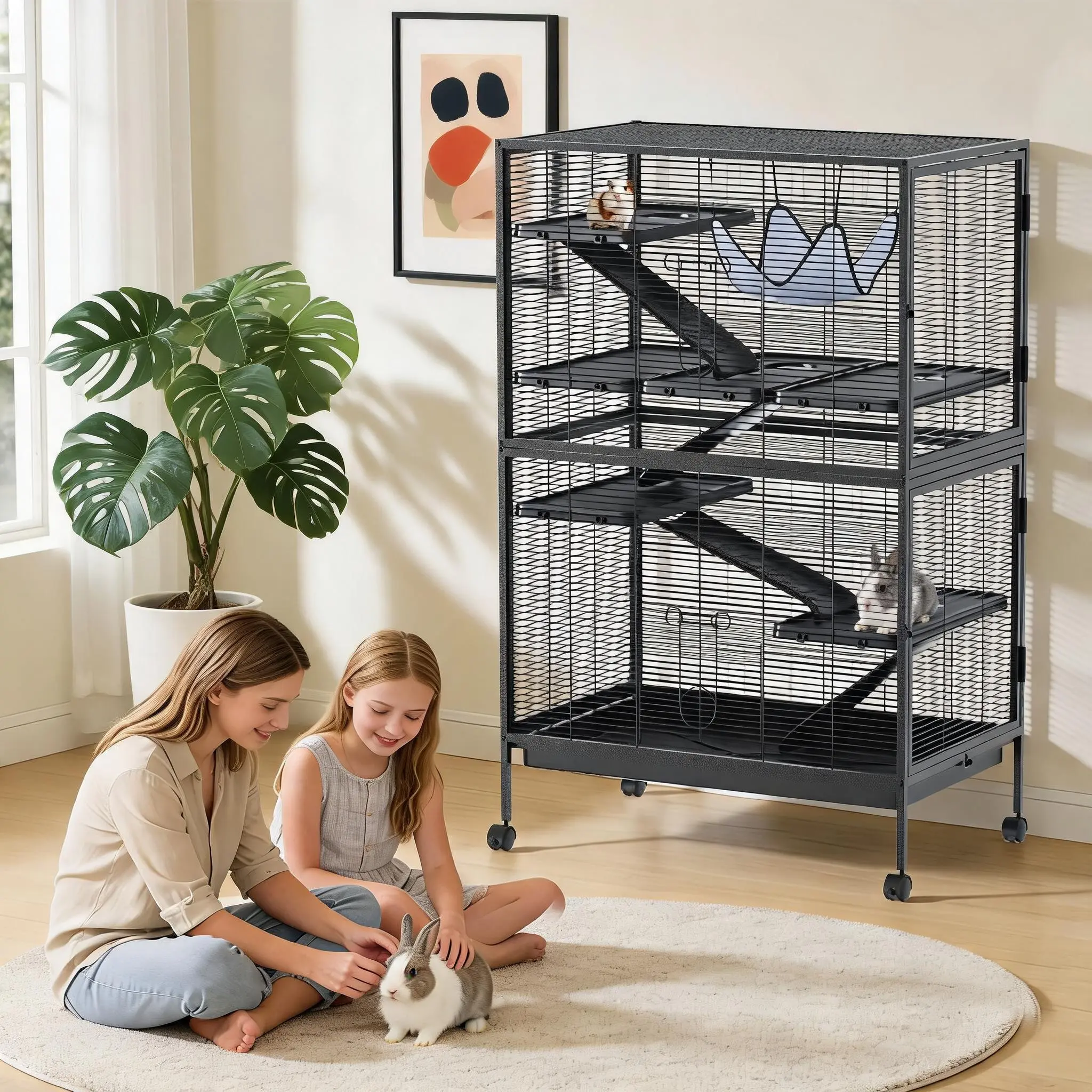 5-Tier Metal Ferret Cage with Wheels | Removable Ramps, Platforms, Hammock & Tray – Multi-Level Habitat for Chinchillas & Guinea Pigs