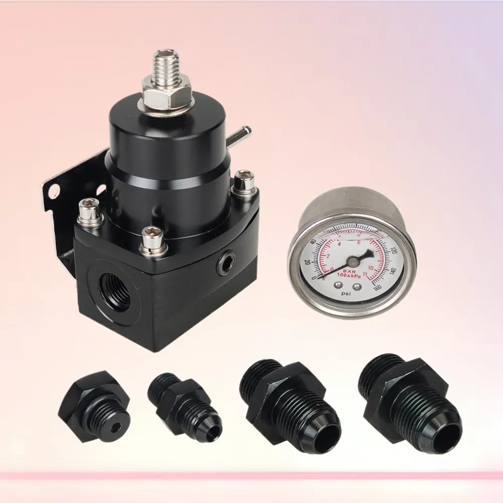 Universal High Temperature Resistant Metal Fuel Pressure Regulator (FPR-1005-AN6) with Built-in Pressure Gauge, Matched Joint Fittings for Modified Cars, Engine Tuning & Boost Control Accessory, Adjustable Internal Structure
