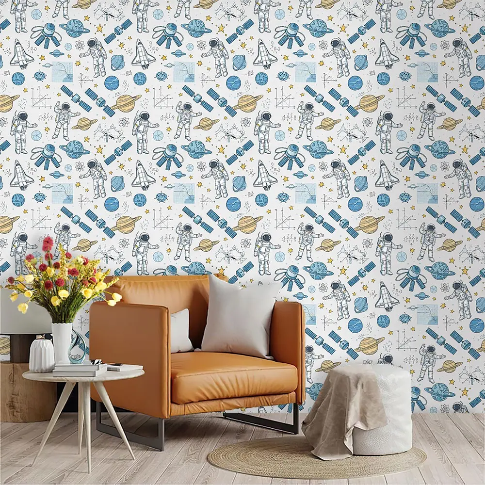 Hand-Drawn Space Theme Wall Paper, Blue Sketch Style, PVC Material, Peel-And-Stick, Ideal for Kitchen/living Room/bedroom Decor