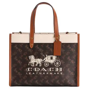 COACH Field 30 Tote Bag for Men and Women – Carriage-Printed Faux Leather and Genuine Leather, Truffle and Glossy Amber