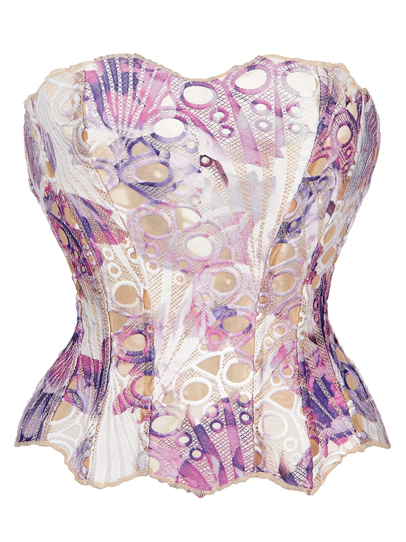 Luxury Chocolate Brown Sheer Water Soluble Floral Lace Embroidery Bandeau Sleeveless Corset Top Irregular Hem Strapless Boned Instant Hourglass Figure Push Up Bustier for Birthday Party Daily Wear, Evening