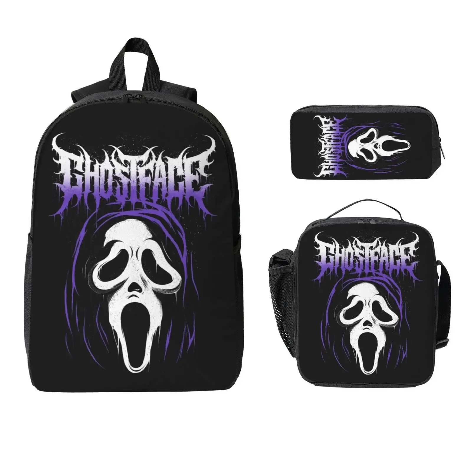 3 Piece High Capacity Bookbag G-host Scream face Backpack Set Travel Knapsack with Lunch Box Pencil Case
