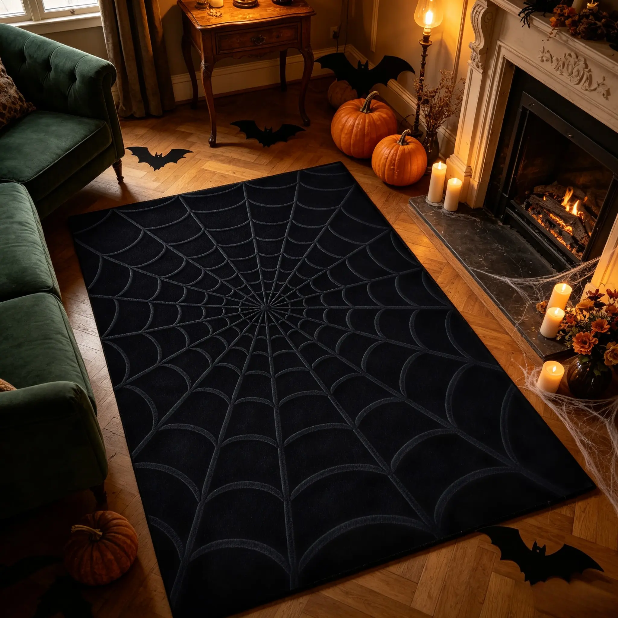 Halloween Festival Decor Rug, Deep Spider Web Pattern, Large Area Living Room Bedroom Carpet, Washable Easy Clean, Ideal for Home Hotel Decoration