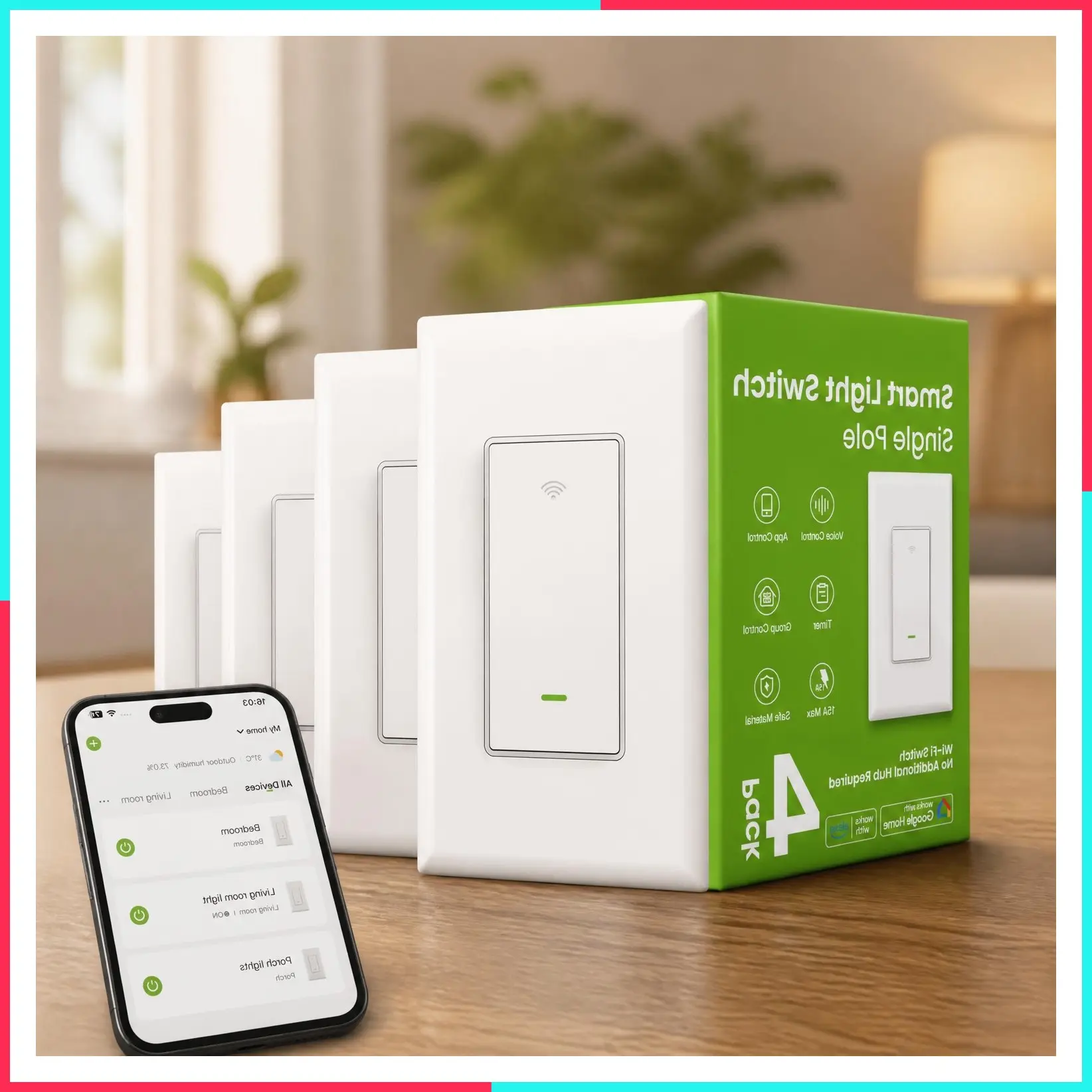 Smart Light Switches, Single Pole WiFi, Works with Alexa, 4 Pack