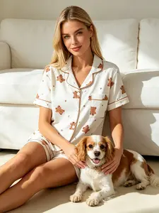 Teddy Cookie Print Cream White Women's Short Sleeve Cardigan & Shorts Pajamas Set, Spring Summer Suitable, Brown Trim, Cute Teddy Style Cozy Loungewear for Home Daily & Dog Time