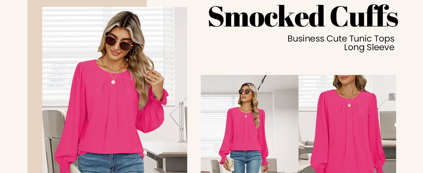 Womens Long Sleeve Chiffon Blouses Dressy Casual Smocked Work Shirts Loose Pleated Crew Neck Fall Spring 2026 Wine Red Large #Springfresh