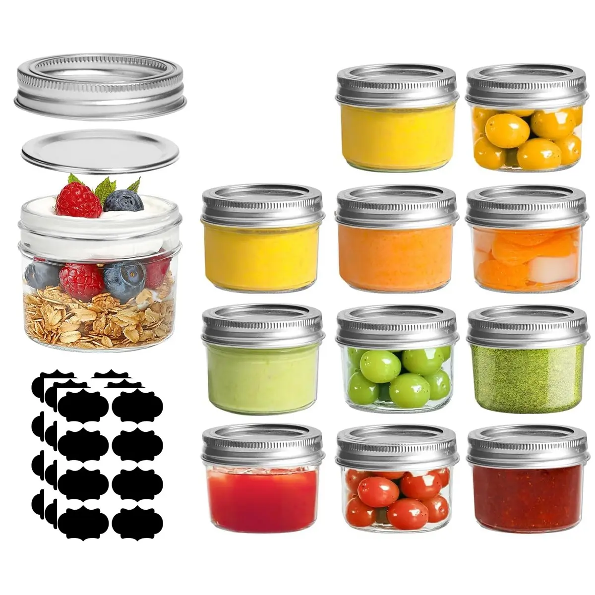 4oz/120 ML Mason Jars, 12 Pack Regular Mouth Mason Jar with Lids and Labels, Small Glass Canning Jar for Refillable Spice Jars, Jam, Honey, Jelly, Dessert Containers, Shower Wedding Favors, DIY Candles Decor
