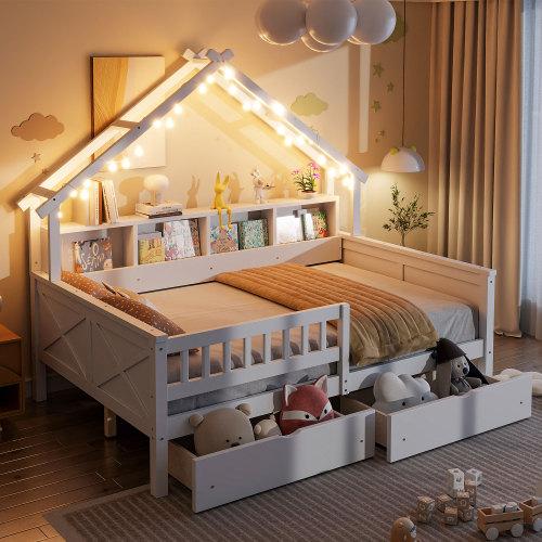 [Bellemave]Wood Full Size House Platform Beds with LED, Storage Shelves, Drawers and Guardrail, White