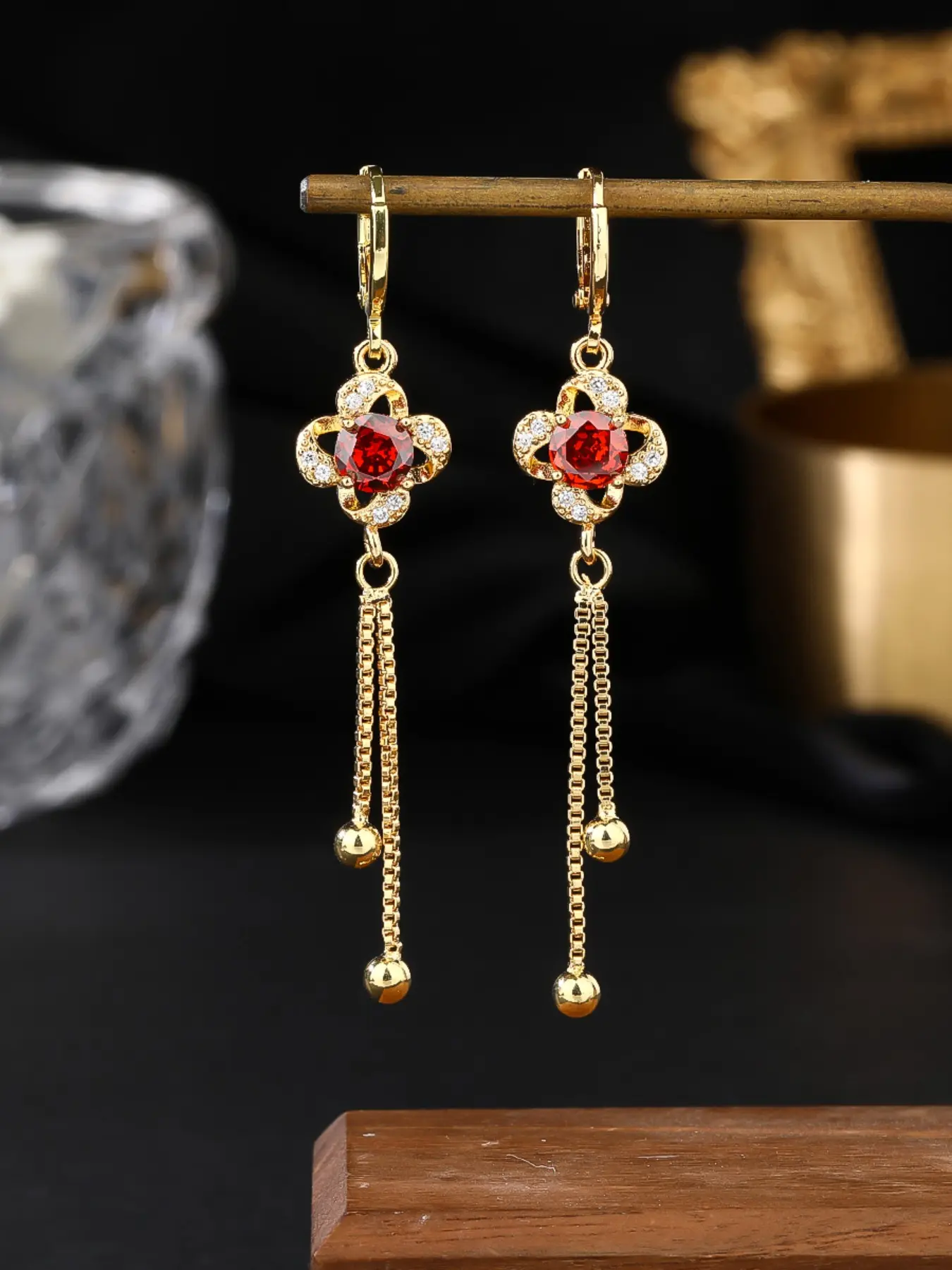 Elegant 18K gold-plated copper Drop Dangle earrings set with red gemstones - featuring a pendant design, suitable for women's daily wear or attending parties, making it a unique earring Fashion Earring