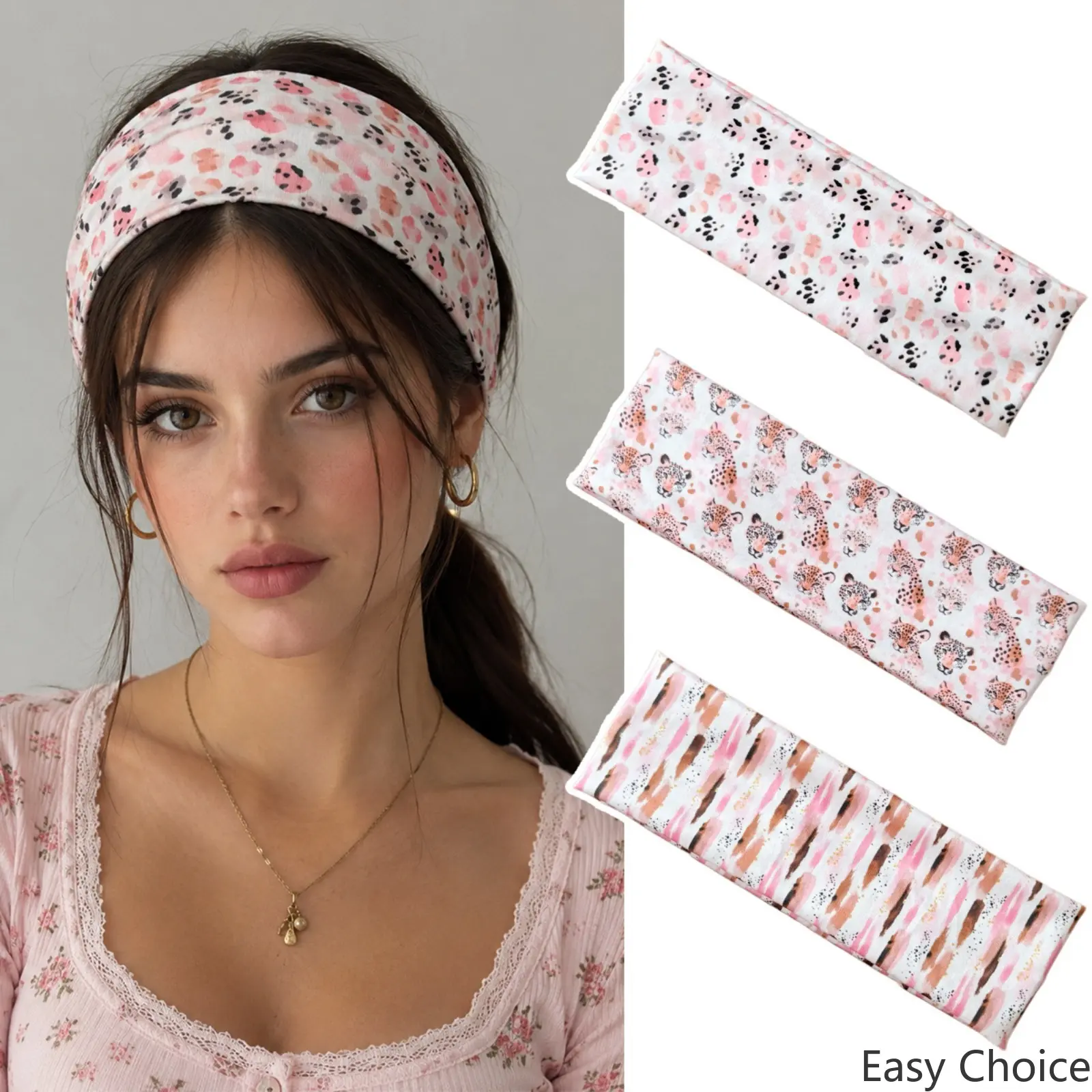 3Pcs Women Pink Leopard‑Print Stretch Headband, Soft Elastic Hair Band for Face Washing Makeup Yoga Workout, Fashion Non‑Slip Hair Holder, Comfortable Hair Accessory for Sports Beauty Routine & Daily Outfit Styling