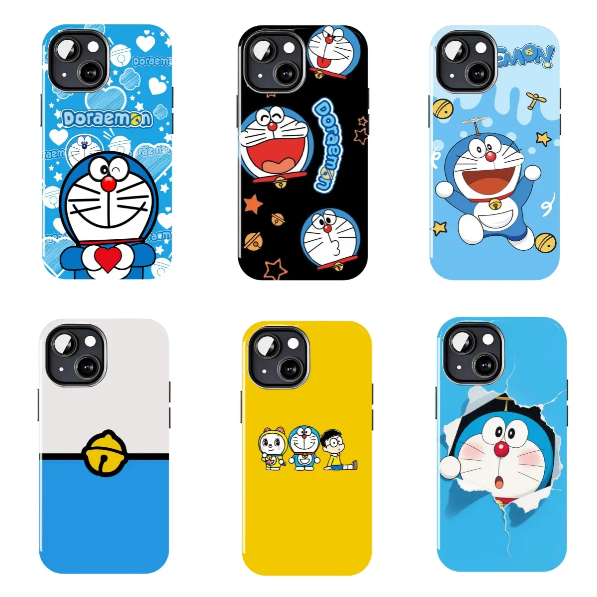 Cute Doraemon collage phone case, featuring multiple characters including Nobita and Shizuka. Durable and shockproof with a wave-shaped frame, suitable for iPhone 11–17 Pro Max/Plus series and Samsung Galaxy S23–S25 series.
