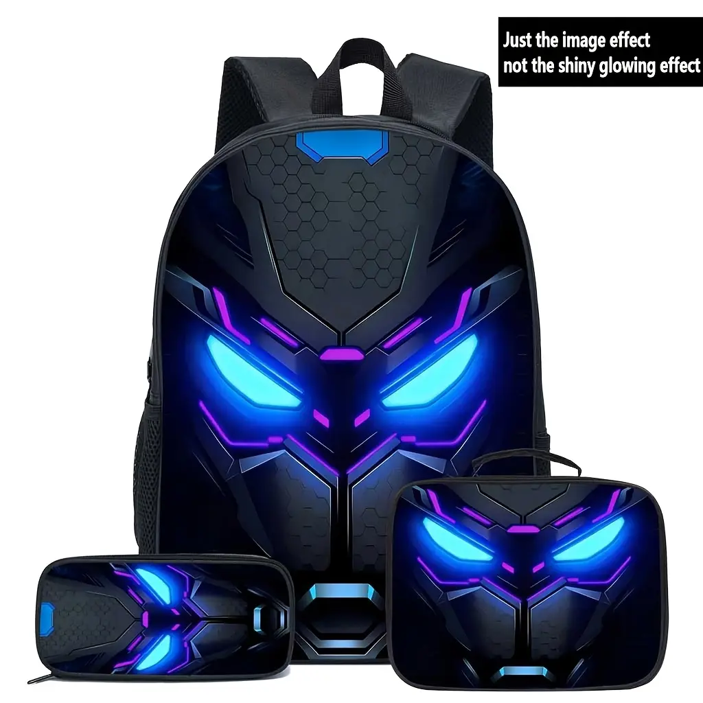 Unisex Cyberpunk 3pcs Backpack Set - Heavy Polyester Fiber Backpacks, Laptop Bag, Accessory Pouch, Adjustable Thick Shoulder Straps, Reinforced Zipper, Daypack for Work, Travel