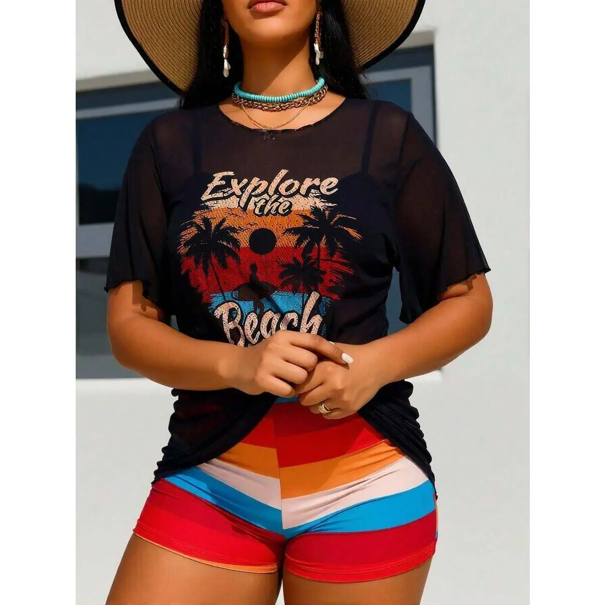 Plus Size 2-Piece Bikini Set, Boho Rainbow Stripe Push Up Bra & High Waist Bottom with a Sheer Tropical Print Knitted Fabric Cover Up, Shortsleeve, Women, Clothes, 2 Piece Set, Straps, Bathing Suit Women Set, Beach Wear